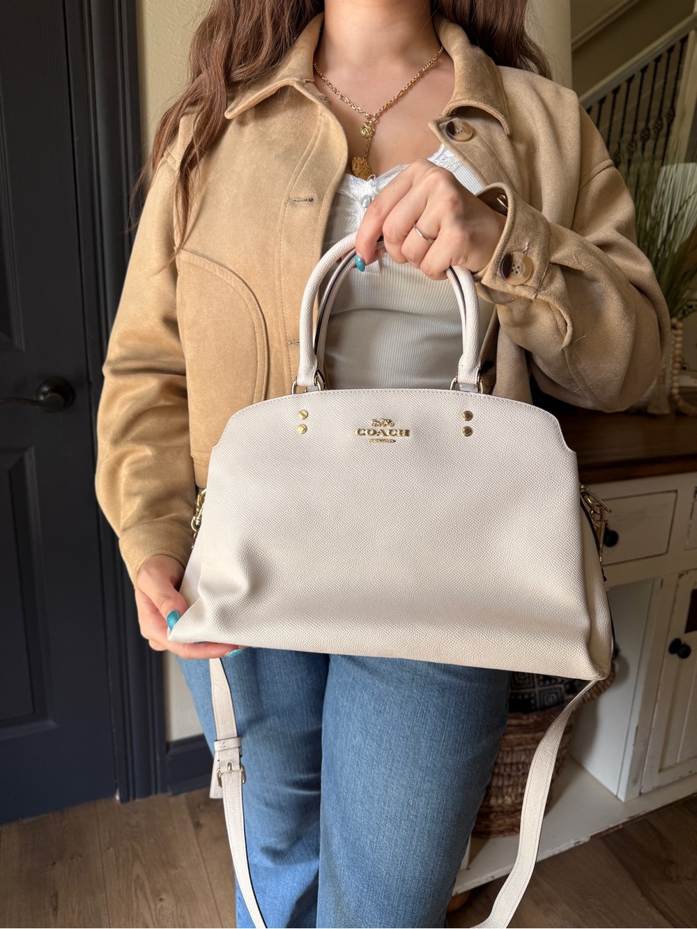 Coach Cream Pebbled Leather Tote with Gold Logo